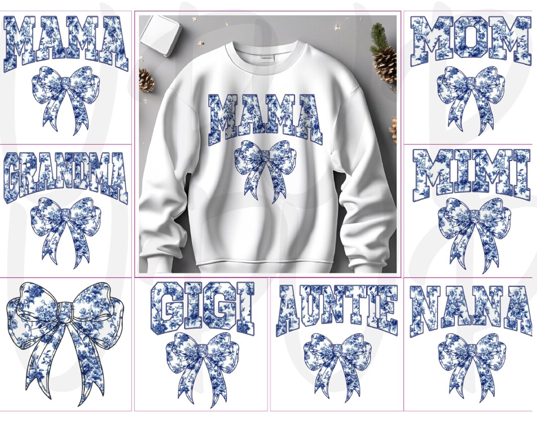Custom Mama Chinoiserie Coquette Bow PNG Dark Blue Floral Toile De Jouy ...