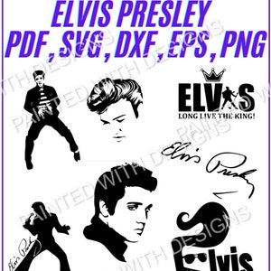 May include: Black and white silhouette images of Elvis Presley in various poses, including singing, playing guitar, and a profile portrait. The text "ELVIS" with a crown and the words "LONG LIVE THE KING!" are also included.