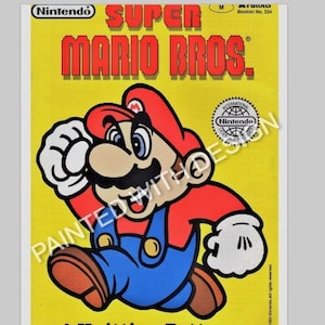 Op de afbeelding: Een geel boekje met een rode en blauwe illustratie van Super Mario Bros. op de omslag. Het boekje is getiteld "Super Mario Bros." en heeft een Nintendo-logo. De tekst "4 Knitting Patterns" staat onder de illustratie.