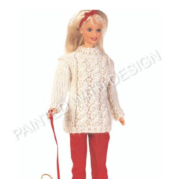 Pull torsadé classique Barbie, pull Barbie, modèle torsadé, poupée Barbie, poupée tendance, modèle de tricot, téléchargement immédiat PDF, presque gratuit