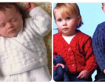 May include: A collection of knitted garments including a white wrap-style cardigan, a red button-down cardigan, and a blue V-neck sweater, each featuring a textured grid pattern. The set also includes two small knitted toy bears in white and blue.