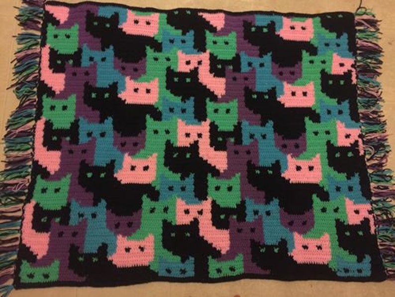 Cat Afghan Blanket Throw Bedspread Interlocking Cat Etsy