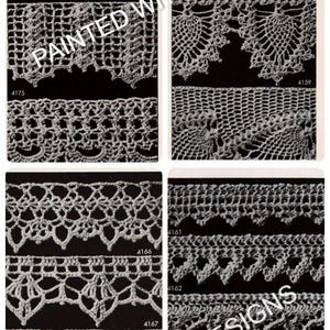 May include: A page from a vintage crochet pattern book featuring various lace edging designs. The designs are numbered 4156, 4157, 4158, 4159, 4161, 4162, 4164, 4166, 4167, 4168, 4169, 4170, 4171, 4172, 4173, 4174, and 4175. The text "PAINTED WITH DESIGNS" is printed on the page.