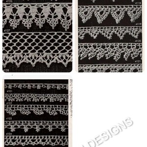 May include: A vintage crochet lace pattern book with black and white images of different crochet lace designs. The book includes numbers for each design, such as 4101, 4102, 4103, 4104, 4105, 4106, 4107, 4108, 4109, 4110, 4111, 4112, 4113, 4114, 4115, 4116, 4117, 4118, 4119, 4120, 4121, 4122, 4123, 4124, 4125, 4126, 4127, and 4128. The book is titled "Painted With Designs".