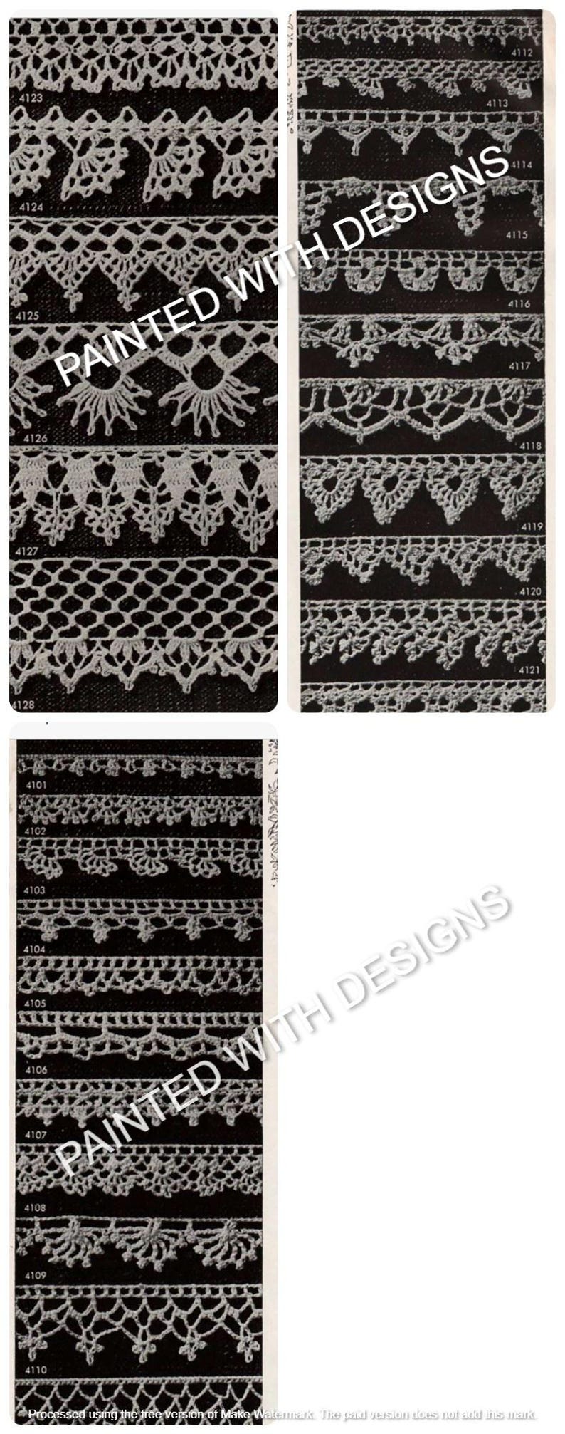 May include: A vintage crochet lace pattern book with black and white images of different crochet lace designs. The book includes numbers for each design, such as 4101, 4102, 4103, 4104, 4105, 4106, 4107, 4108, 4109, 4110, 4111, 4112, 4113, 4114, 4115, 4116, 4117, 4118, 4119, 4120, 4121, 4122, 4123, 4124, 4125, 4126, 4127, and 4128. The book is titled "Painted With Designs".