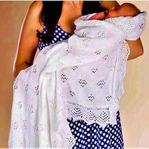 Patrón de tejido para chal de bebé vintage, manta de bebé y manta de bautizo. Descarga instantánea en PDF. Casi gratis.