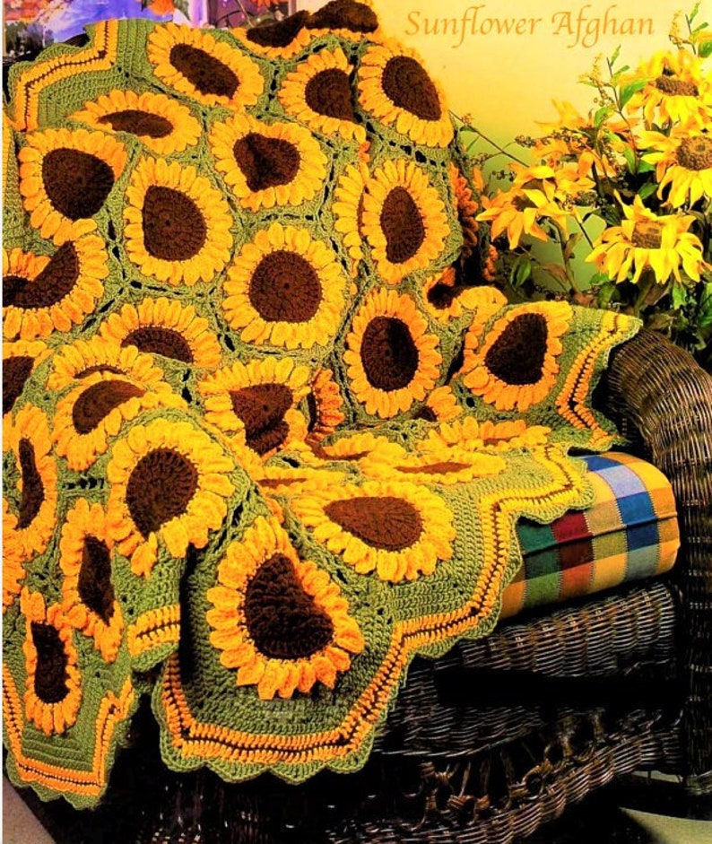 Campo di girasoli afgano, coperta, copriletto, copriletto, motivo all'uncinetto, download istantaneo PDF, quasi gratuito immagine 1