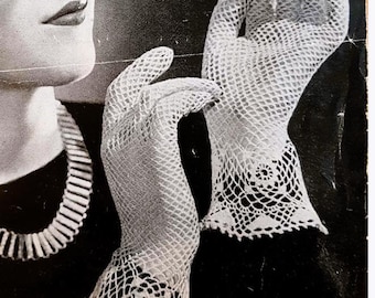 May include: A pair of white crochet gloves featuring an intricate openwork mesh pattern throughout the hand and fingers, with a decorative floral-inspired lace motif at the wrist. The gloves are shown in a black and white vintage-style photograph.