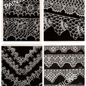 May include: A collection of 10 crochet lace patterns, numbered 4144 through 4153, with a black and white background. The patterns are for crocheting lace trim.