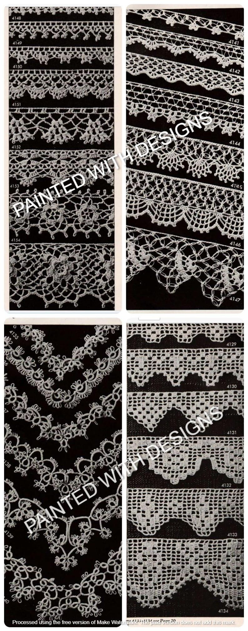 May include: A collection of 10 crochet lace patterns, numbered 4144 through 4153, with a black and white background. The patterns are for crocheting lace trim.