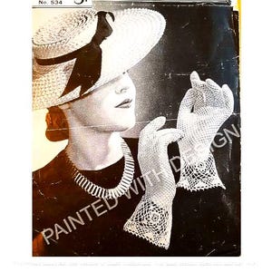 2 pary zabytkowych rękawiczek z lat 30. XX wieku, wzór na koronkę z siateczki rybackiej i para dzianiny bawełnianej, plik PDF do pobrania natychmiast, prawie za darmo