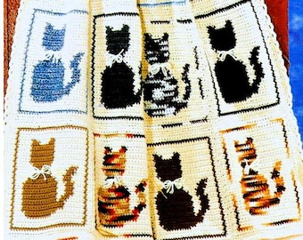May include: A crocheted blanket featuring a grid of twelve rectangular panels, each displaying a cat silhouette in various colors and patterns including solid black, blue, orange, and multi-colored stripes, with each cat wearing a small white bow.