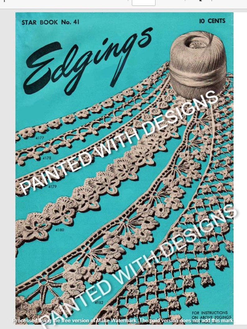May include: A vintage crochet edging pattern book with a teal blue cover and the title "Edgings" in black script. The book features four different crochet edging patterns with numbers 4177, 4178, 4179, and 4180. The book is titled "Star Book No. 41" and costs 10 cents.