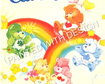May include: Care Bears knitting patterns with instructions in French. The image features five Care Bears, each with a different colour and symbol, standing on a rainbow.