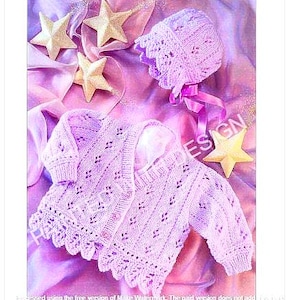 ベビーカーディガンとボンネット、0～6歳サイズ編み図、ベビーレースカーディガン、PDFをすぐにダウンロード、ほぼ無料