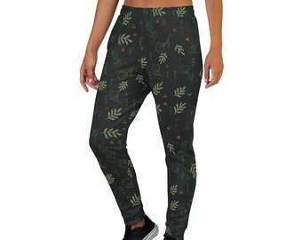 Green Winter Botanical Graphic Christmas Joggers for Women, Men and Family - Custom Unisex All Over Print Sweatpants for the Holiday Season