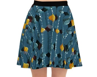 Festive Blue + Yellow Retro Christmas Tree Ornament Graphic Skater Skirt for Women, Teens + Winter Holiday Parties