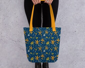 Whimsigoth Blue + Yellow Botanical Shoulder Tote Bag for School, Work, Travel + Everyday - Unique Floral Cottagecore Purse for Women + Teens