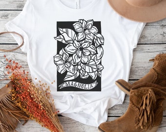 Moody Minimalist Magnolia Flower Tshirt for Whimsigoth + Cottagecore Aesthetic | Gift for Witchy Gardeners