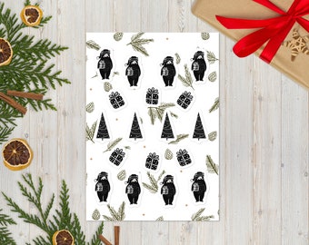 Black + White Scandinavian Folk Art Inspired Christmas Stationary Sticker Sheet for Greeting Cards - Bear, Tree, and Gift Holiday Stickers