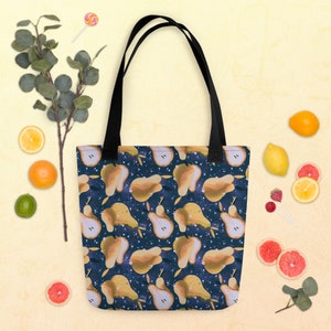 Blue + Yellow Whimsigoth Pear Tote Bag for Grocery Shopping, Everyday, Travel, or Gift - Whimsical Fruity Cottagecore Tote Bag for Spring