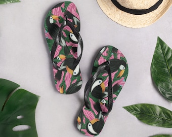 Colorful + Tropical Toucan Flip-Flops for Spring, Summer, Beach Day, Maximalist Aesthetic