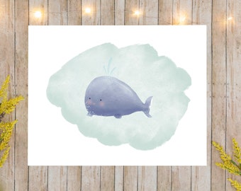 Little Squirt, Whale Art Print, Nautical Decor, Whale Wall Art, Nautical Nursery Art, Coastal Art, Whale Illustration