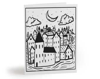 Black + White Christmas Village Bulk Holiday Greeting Cards for the Winter Holiday Season (8, 16, and 24 pcs) - Simple Multipack Stationary