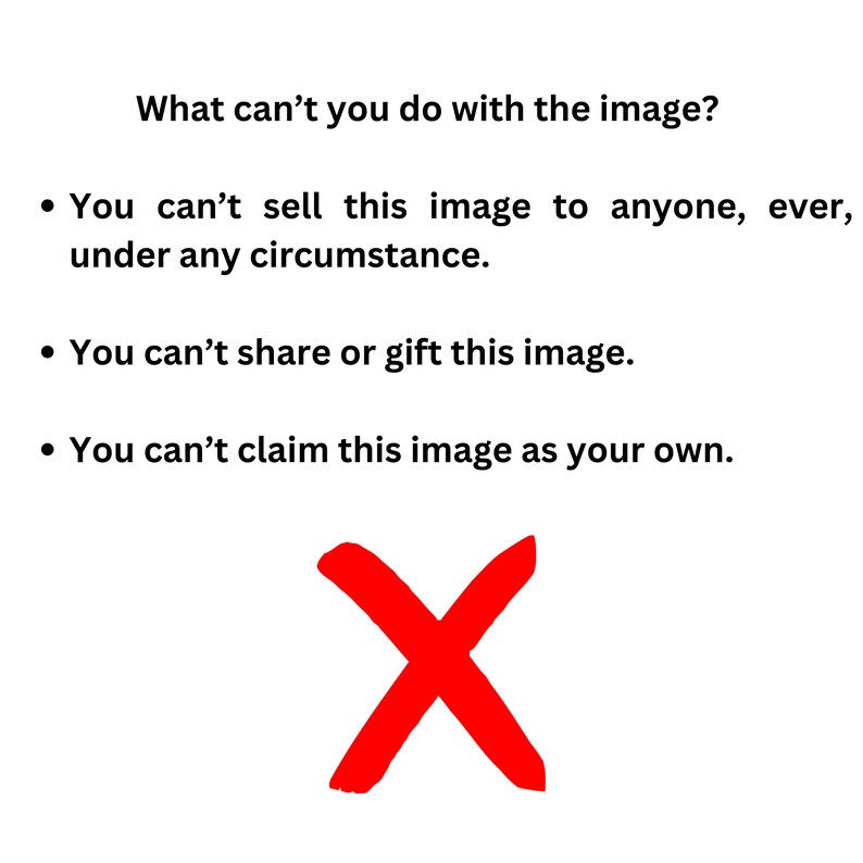 Może przedstawiać: Czerwony symbol X na białym tle z tekstem "What can't you do with the image?" nad nim. Tekst pod symbolem X brzmi: "You can't sell this image to anyone, ever, under any circumstance. You can't share or gift this image. You can't claim this image as your own."