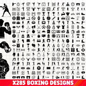 May include: A set of 285 black and white boxing-themed vector illustrations. The illustrations include boxing gloves, boxing rings, boxing equipment, and boxers in various poses.