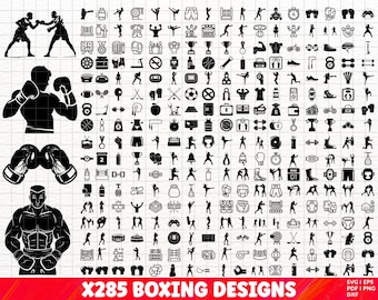 Op de afbeelding: Een set van 285 zwart-witte vectorillustraties met een boksen thema. De illustraties omvatten bokshandschoenen, boksringen, boksuitrusting en boksers in verschillende poses.