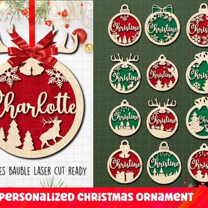 Adorno navideño personalizado SVG, adorno con nombre personalizado cortado a láser SVG, adornos para árbol con texto editable, Glowforg SVG, madera navideña SVG