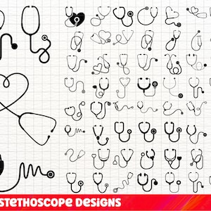 May include: A set of 60 black and white stethoscope designs. The designs are in various styles, including hearts, swirls, and traditional stethoscope shapes.
