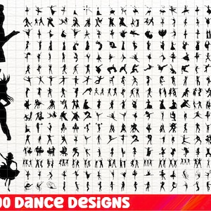 Può includere: Una collezione di 300 disegni di danza in silhouette in bianco e nero. I disegni presentano coppie e individui in varie pose di danza. Il testo "x300 Dance Designs" è nella parte inferiore dell'immagine.