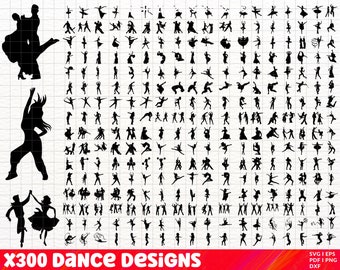 May include: A collection of 300 black and white silhouette dance designs. The designs feature couples and individuals in various dance poses. The text "x300 Dance Designs" is at the bottom of the image.