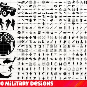 May include: A collection of over 400 military-themed vector designs. The designs include soldiers, weapons, vehicles, and other military symbols. The designs are in black and white and are perfect for use in crafts, scrapbooking, and other projects.
