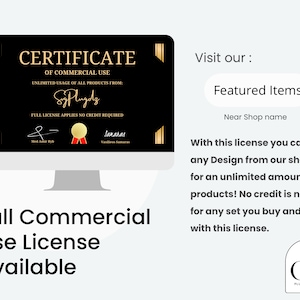 May include: A computer screen displays a black certificate with gold accents. The certificate text reads "CERTIFICATE OF COMMERCIAL USE" and mentions unlimited usage of products. The phrase "Full Commercial Use License available" is also visible.