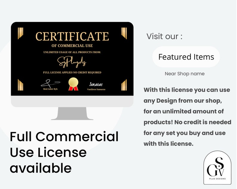 May include: A computer screen displays a black certificate with gold accents. The certificate text reads "CERTIFICATE OF COMMERCIAL USE" and mentions unlimited usage of products. The phrase "Full Commercial Use License available" is also visible.