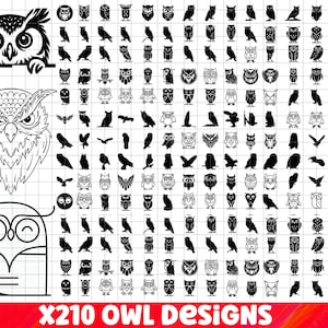 Könnte beinhalten: Eine Sammlung von 210 Schwarzweiß-Eulen-Designs. Die Eulen sind in verschiedenen Posen und Stilen, darunter einige mit Herzen, Sternen und anderen dekorativen Elementen. Der Text "X210 OWL DESIGNS" befindet sich am unteren Rand des Bildes. SVG I EPS PDF I PNG.
