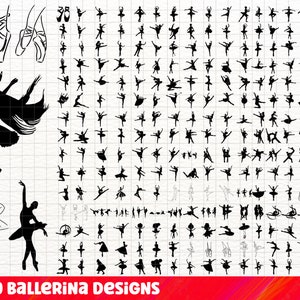 May include: A collection of 250 black and white silhouette designs of ballerinas in various poses. The designs are perfect for crafting, scrapbooking, and other creative projects.