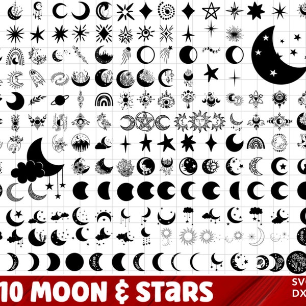 Lune et étoiles Svg, Svg de lune, croissant de lune Svg, Svg céleste, vecteur d’étoiles de lune, fichier de coupe d’étoiles de lune, Silhouette de lune, Svg de ciel nocturne,