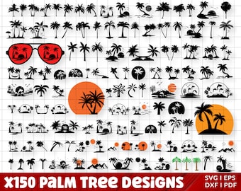 Puede incluir: Una colección de 150 diseños de palmeras en blanco y negro. Los diseños son de varios estilos, incluyendo siluetas simples, ilustraciones detalladas y palmeras estilizadas con sol, olas y otros elementos de playa.