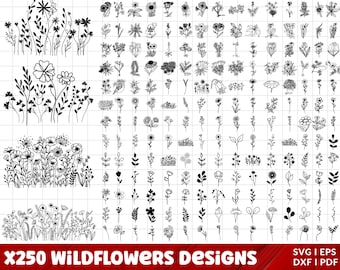 May include: A collection of 250 black and white wildflower designs. The designs are simple and elegant, and they would be perfect for use in a variety of projects, such as scrapbooking, card making, and digital design.