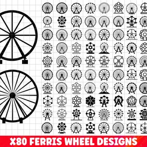 以下が含まれることがあります： 白黒の観覧車のデザイン80個のセット。デザインはグリッドパターンで配置されており、すべてサイズと形が異なります。デザインは、クラフト、スクラップブッキング、その他のクリエイティブなプロジェクトに最適です。