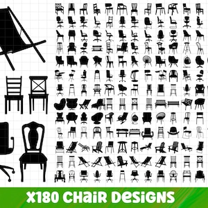 Puede incluir: Una colección de 180 diseños de sillas en silueta negra. Los diseños incluyen varios estilos como sillones, sillas de oficina, tumbonas y taburetes. El texto "X180 CHAIR DESIGNS" está en la parte inferior.