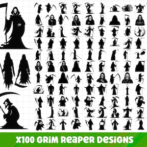 May include: A collection of 100 black Grim Reaper designs. The images show different poses and styles of the Grim Reaper, holding a scythe. The text "X100 Grim Reaper Designs" is at the bottom.