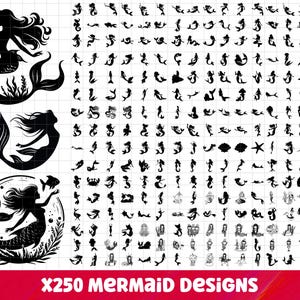 Può includere: Una collezione di 250 disegni di sirene in nero. I disegni includono sagome di sirene in varie pose, con diverse forme di coda e acconciature. L'immagine include anche il testo "x250 Mermaid Designs".