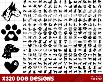May include: A collection of 320 black and white dog-themed vector illustrations. The designs include paw prints, hearts, bones, dog silhouettes, and the word "LOVE".