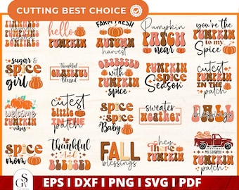 Pode incluir: Um conjunto de 20 arquivos de corte digital com designs temáticos de outono com abóboras, folhas e texto. Os designs são em estilo retrô com cores e fontes em negrito. O texto inclui frases como "Pumpkin Spice", "Fall Blessings" e "Cutes Little Patch".