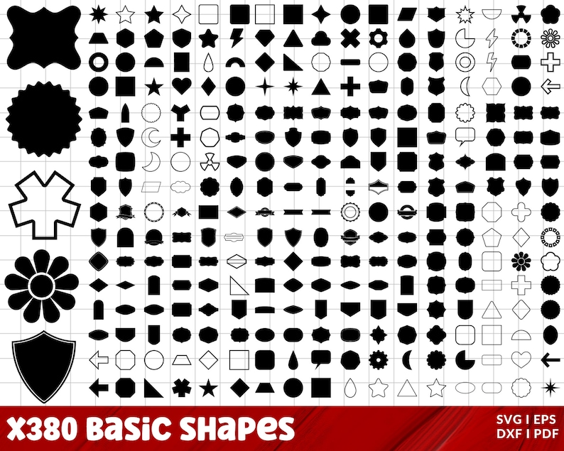 Puede incluir: Un conjunto de 380 formas b&aacute;sicas en blanco y negro, que incluyen estrellas, c&iacute;rculos, cuadrados, corazones y m&aacute;s. Las formas est&aacute;n dispuestas en un patr&oacute;n de cuadr&iacute;cula sobre un fondo blanco.